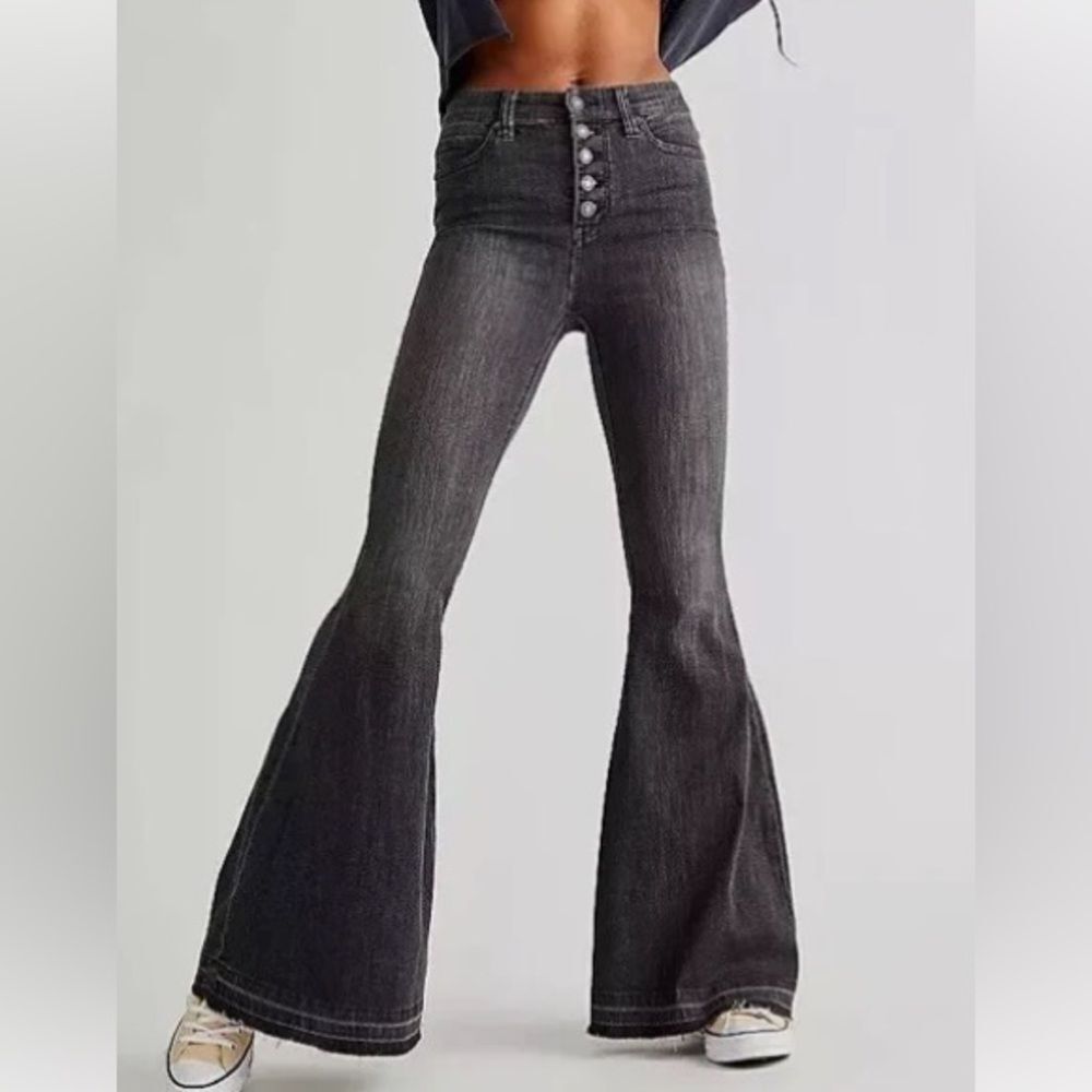 Free People We The Free Irreplaceable High Waist Black Gray Flare Jeans